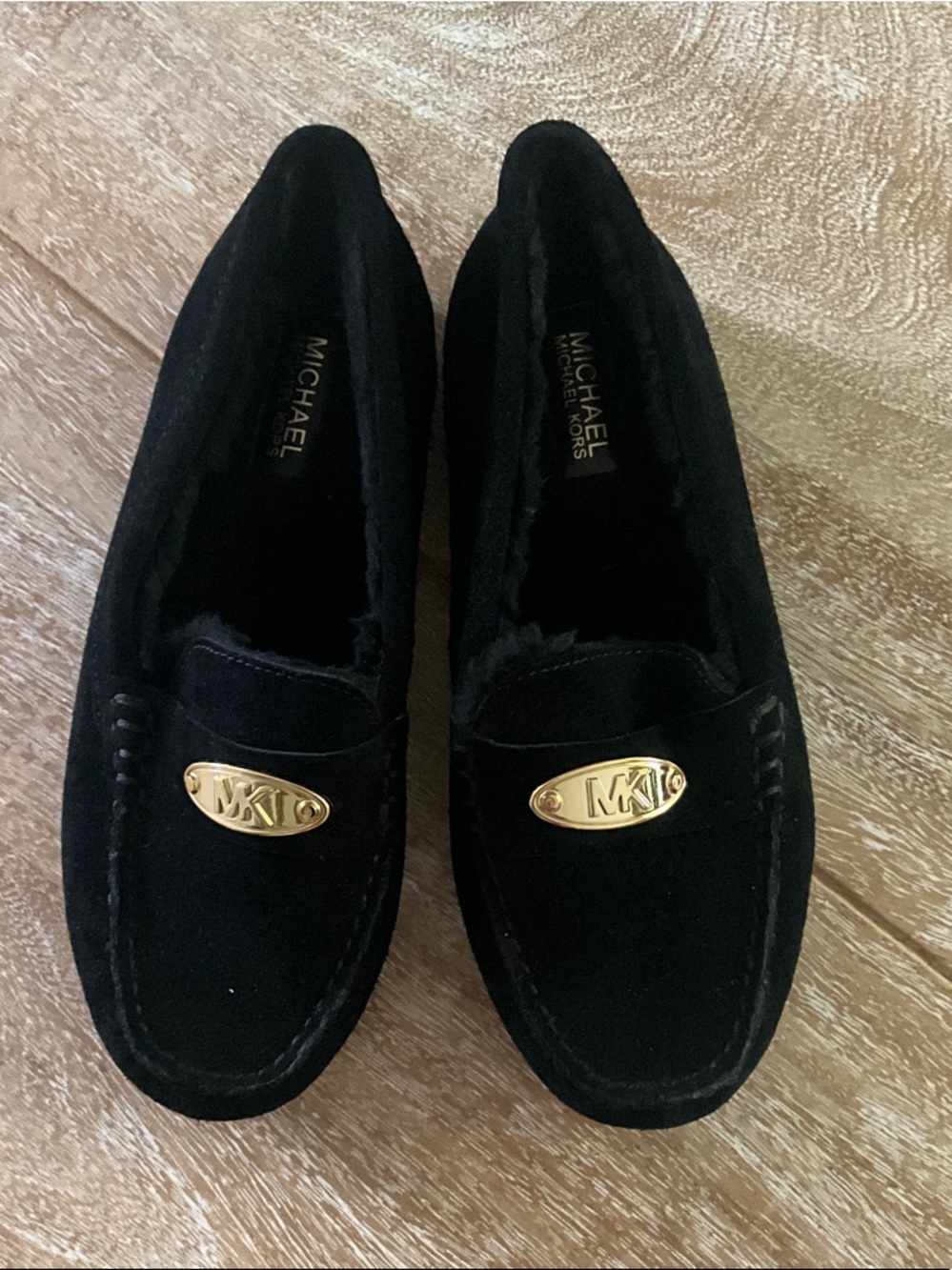 NWOT Michael Kors Black Suede Loafers with Gold MK Plaque
